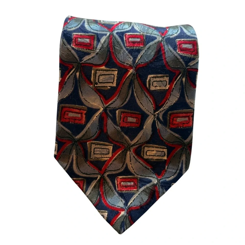 Oleg Cassini Silk Necktie Mens One Size Navy Blue Red Geometric Made in Italy